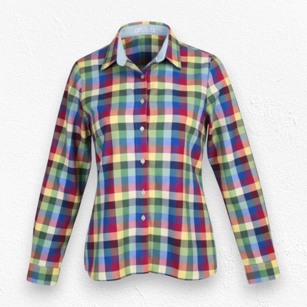 70s Vintage Foxcroft Rainbow Plaid Button Down Shirt Kidcore Multicolor Size 12